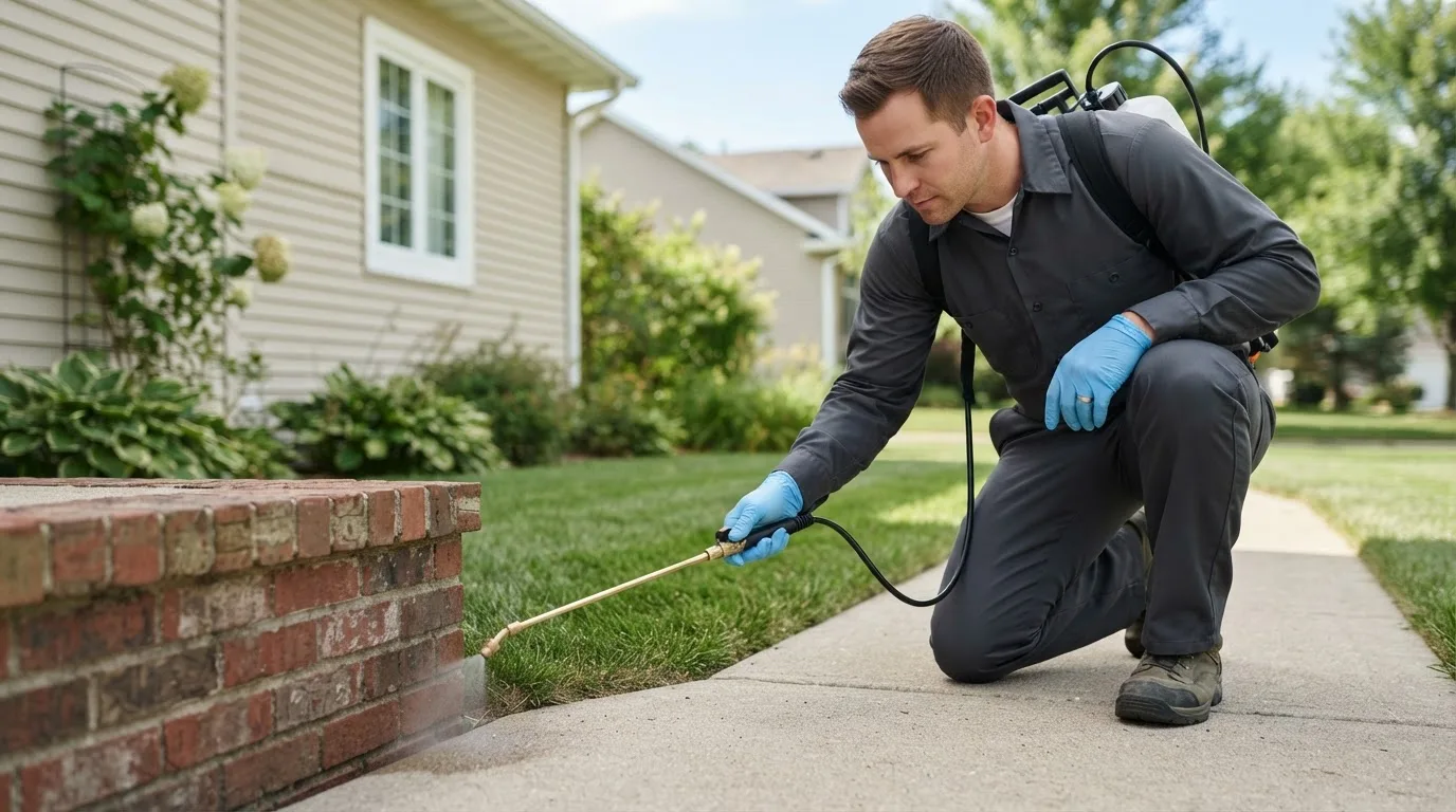 Pest control technician treating a home near Rosston, TX